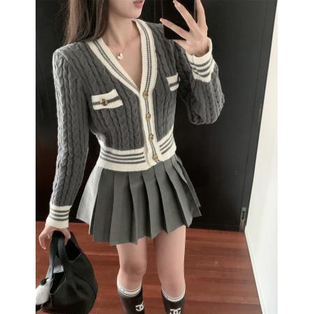 FA46956# V领撞色小香修身针织开衫+俏皮百搭百褶裙 服裝批發女裝批發服飾貨源