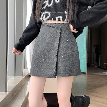 FA46957# 冬季新款毛呢韩版亮片不规则高腰显瘦百搭a字半身裙 服裝批發女裝批發服飾貨源