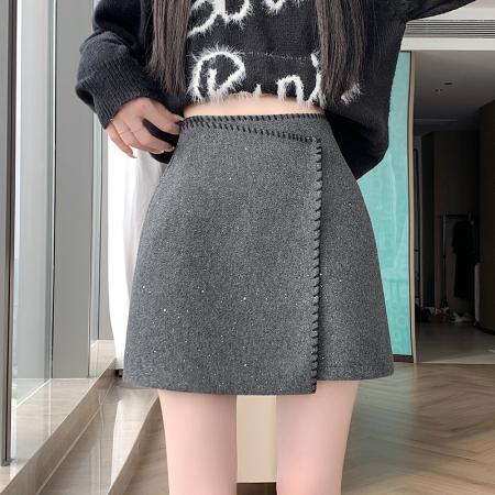 FA46957# 冬季新款毛呢韩版亮片不规则高腰显瘦百搭a字半身裙 服裝批發女裝批發服飾貨源