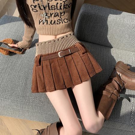 秋冬新款针织拼接灯芯绒高腰显瘦设计感百褶a字半身裙 服裝批發女裝批發服飾貨源