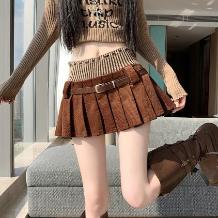 秋冬新款针织拼接灯芯绒高腰显瘦设计感百褶a字半身裙 服裝批發女裝批發服飾貨源