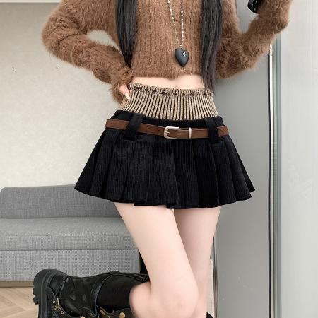 秋冬新款针织拼接灯芯绒高腰显瘦设计感百褶a字半身裙 服裝批發女裝批發服飾貨源