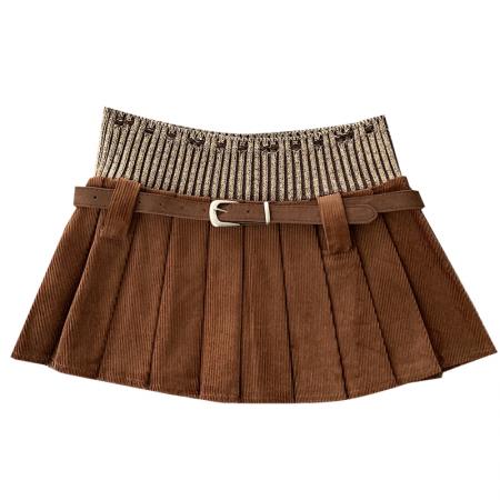 秋冬新款针织拼接灯芯绒高腰显瘦设计感百褶a字半身裙 服裝批發女裝批發服飾貨源