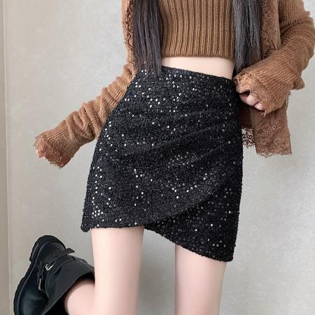 秋冬新款小香风亮片毛呢显瘦高腰a字包臀半身裙 服裝批發女裝批發服飾貨源