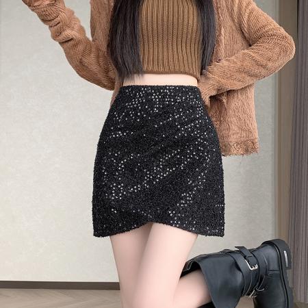 秋冬新款小香风亮片毛呢显瘦高腰a字包臀半身裙 服裝批發女裝批發服飾貨源