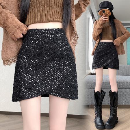 秋冬新款小香风亮片毛呢显瘦高腰a字包臀半身裙 服裝批發女裝批發服飾貨源