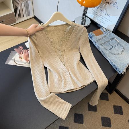 FA46962# 早秋新款温柔性感蕾丝拼接假两件上衣女纯欲气质修身t恤 服裝批發女裝批發服飾貨源