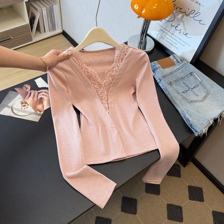 FA46962# 早秋新款温柔性感蕾丝拼接假两件上衣女纯欲气质修身t恤 服裝批發女裝批發服飾貨源