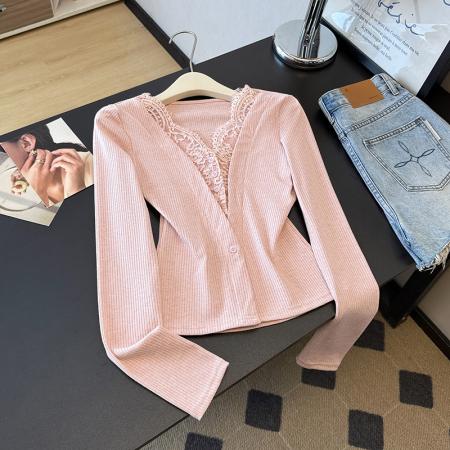 FA46962# 早秋新款温柔性感蕾丝拼接假两件上衣女纯欲气质修身t恤 服裝批發女裝批發服飾貨源