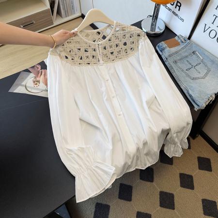 FA46963# 法式镂空拼接长袖衬衫女秋季新款超宽松百搭休闲上衣 服裝批發女裝批發服飾貨源