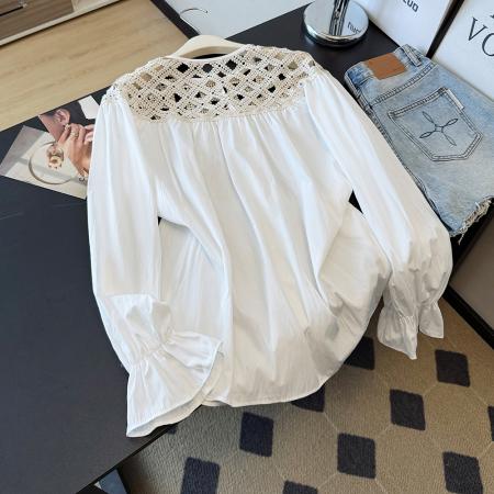 FA46963# 法式镂空拼接长袖衬衫女秋季新款超宽松百搭休闲上衣 服裝批發女裝批發服飾貨源