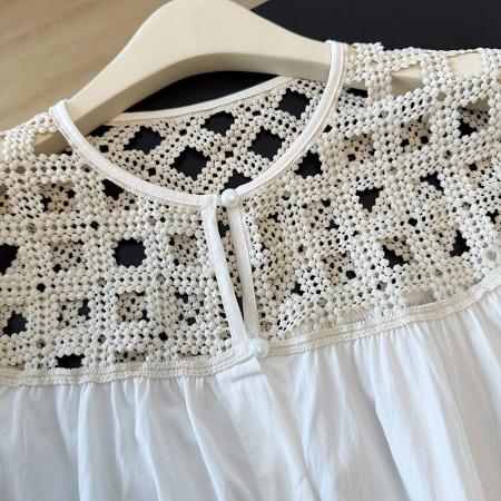 FA46963# 法式镂空拼接长袖衬衫女秋季新款超宽松百搭休闲上衣 服裝批發女裝批發服飾貨源