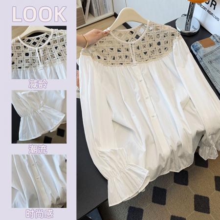 FA46963# 法式镂空拼接长袖衬衫女秋季新款超宽松百搭休闲上衣 服裝批發女裝批發服飾貨源