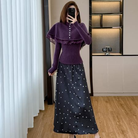 FA46964# 设计感修身针织上衣女秋冬新款斗篷披肩两件套加波点半身裙套装 服裝批發女裝批發服飾貨源