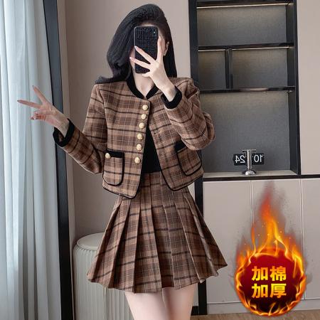 FA46967# 复古格纹气质垫肩毛呢小香风短外套女加百褶短裙小个子套装 服裝批發女裝批發服飾貨源