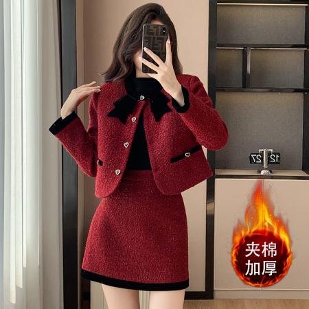 FA46968# 安可拉红小香风加厚时尚套装女秋冬新款短款外套半身裙秋装两件套 服裝批發女裝批發服飾貨源
