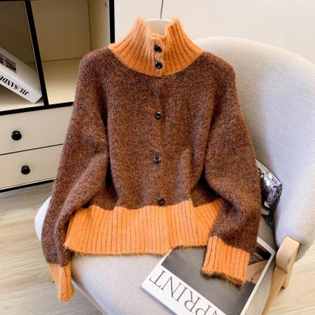 FA46971# 洋气时尚长袖撞色宽松显瘦遮肉高领毛衣开衫女秋冬新款 服裝批發女裝批發服飾貨源