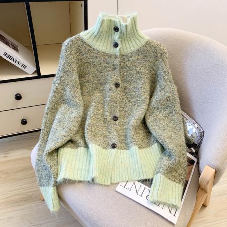 FA46971# 洋气时尚长袖撞色宽松显瘦遮肉高领毛衣开衫女秋冬新款 服裝批發女裝批發服飾貨源