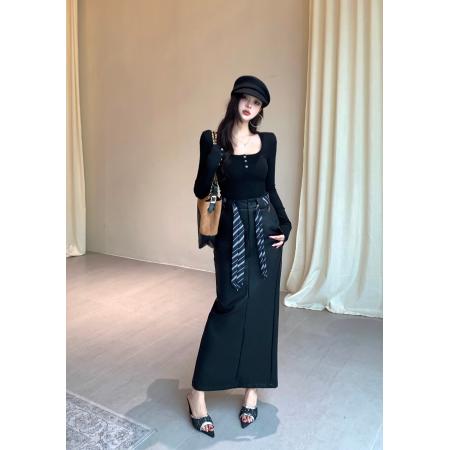 冬季高腰直筒半身皮裙中长款气质开叉百搭显瘦包臀长裙 服裝批發女裝批發服飾貨源