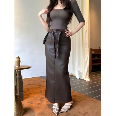 冬季高腰直筒半身皮裙中长款气质开叉百搭显瘦包臀长裙 服裝批發女裝批發服飾貨源