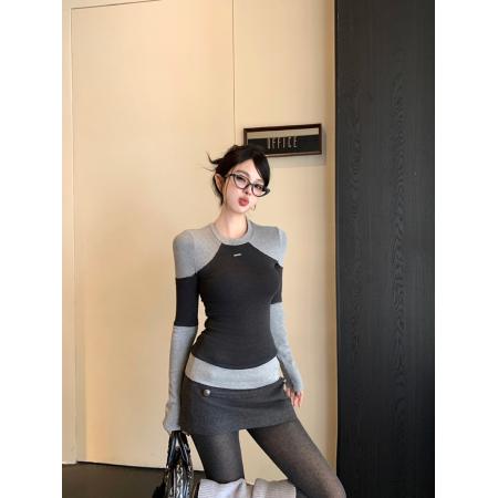 FA46973# 秋冬复古撞色拼接圆领针织修身显瘦长袖内搭打底衫上衣 服裝批發女裝批發服飾貨源