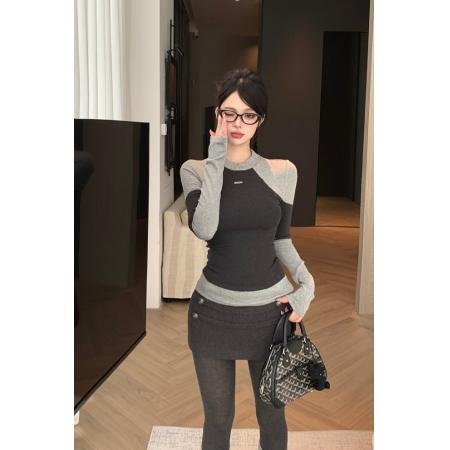 FA46973# 秋冬复古撞色拼接圆领针织修身显瘦长袖内搭打底衫上衣 服裝批發女裝批發服飾貨源