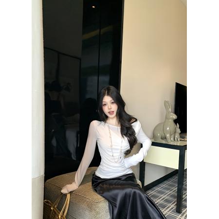 FA46974# 时髦两穿假两件荡领修身显瘦长袖T恤女设计感小众打底衫 服裝批發女裝批發服飾貨源