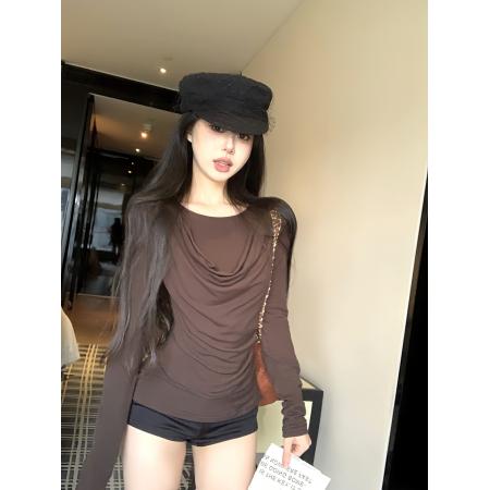 FA46974# 时髦两穿假两件荡领修身显瘦长袖T恤女设计感小众打底衫 服裝批發女裝批發服飾貨源