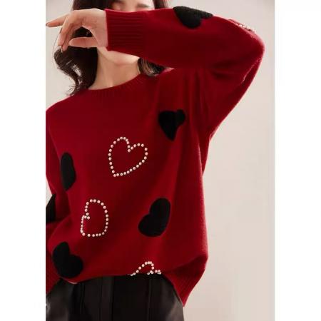FA46975# 重工钉珠爱心羊绒针织衫女秋冬新款新年红色宽松圆领套头长袖毛衣 服裝批發女裝批發服飾貨源