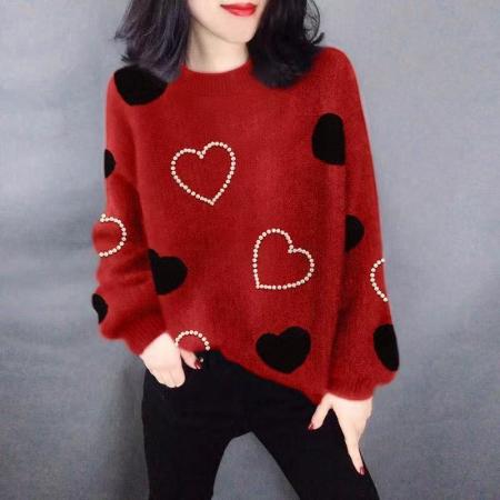 FA46975# 重工钉珠爱心羊绒针织衫女秋冬新款新年红色宽松圆领套头长袖毛衣 服裝批發女裝批發服飾貨源