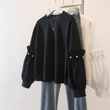 FA46976# 胖mm新品秋冬新款韩系设计感宽松休闲百搭显瘦减龄珍珠 服裝批發女裝批發服飾貨源