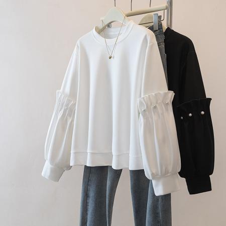 FA46976# 胖mm新品秋冬新款韩系设计感宽松休闲百搭显瘦减龄珍珠 服裝批發女裝批發服飾貨源