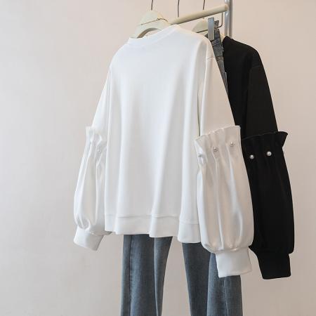 FA46976# 胖mm新品秋冬新款韩系设计感宽松休闲百搭显瘦减龄珍珠 服裝批發女裝批發服飾貨源