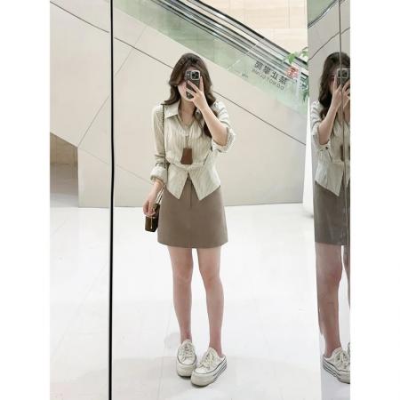 FA46979# MuMu韩系早秋宽松收腰设计感条纹衬衫 服裝批發女裝批發服飾貨源