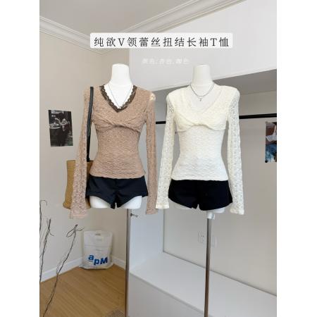 FA46983# 白水女美美蕾丝打底V领蕾丝扭结T恤女秋冬韩系温柔纯欲长袖上衣 服裝批發女裝批發服飾貨源