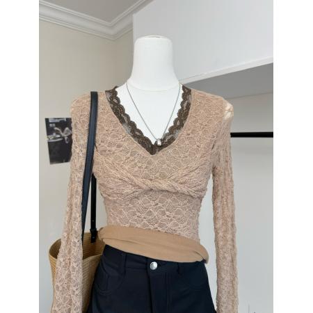 FA46983# 白水女美美蕾丝打底V领蕾丝扭结T恤女秋冬韩系温柔纯欲长袖上衣 服裝批發女裝批發服飾貨源