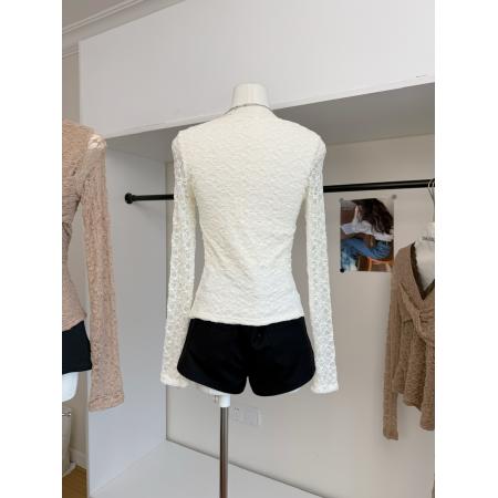 FA46983# 白水女美美蕾丝打底V领蕾丝扭结T恤女秋冬韩系温柔纯欲长袖上衣 服裝批發女裝批發服飾貨源