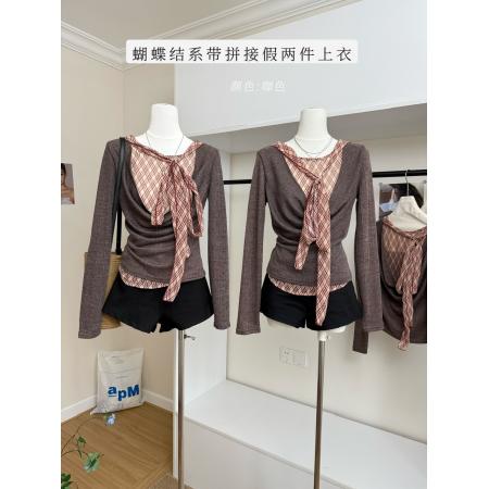 FA46984# 设计蝴蝶结系带咖色拼接假两件格纹荡领长袖上衣T恤女 服裝批發女裝批發服飾貨源