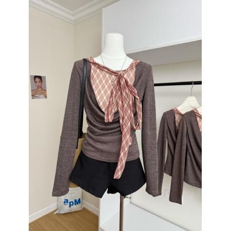 FA46984# 设计蝴蝶结系带咖色拼接假两件格纹荡领长袖上衣T恤女 服裝批發女裝批發服飾貨源