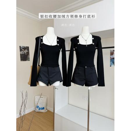 FA46985# 银扣收腰加绒方领修身打底衫长袖短款紧身保暖上衣女 服裝批發女裝批發服飾貨源