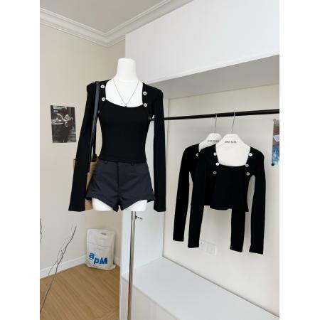 FA46985# 银扣收腰加绒方领修身打底衫长袖短款紧身保暖上衣女 服裝批發女裝批發服飾貨源