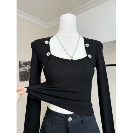 FA46985# 银扣收腰加绒方领修身打底衫长袖短款紧身保暖上衣女 服裝批發女裝批發服飾貨源