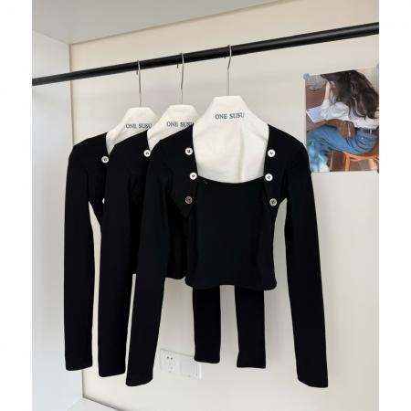 FA46985# 银扣收腰加绒方领修身打底衫长袖短款紧身保暖上衣女 服裝批發女裝批發服飾貨源