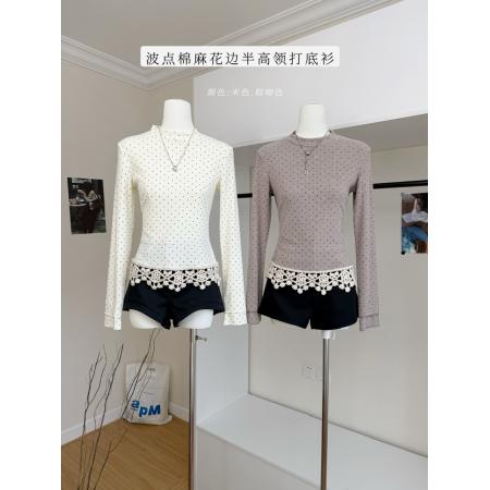 FA46986# 两色波点棉麻花边半高领打底衫秋冬百搭上衣 服裝批發女裝批發服飾貨源