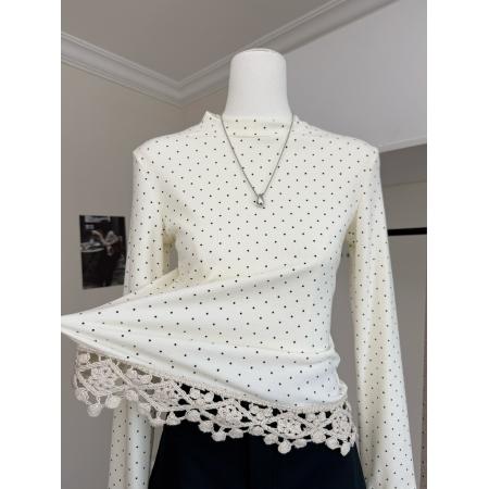 FA46986# 两色波点棉麻花边半高领打底衫秋冬百搭上衣 服裝批發女裝批發服飾貨源