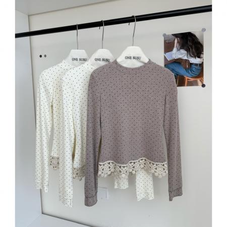 FA46986# 两色波点棉麻花边半高领打底衫秋冬百搭上衣 服裝批發女裝批發服飾貨源