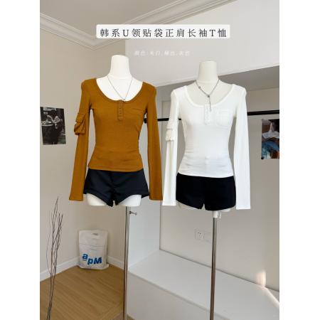 FA46987# 宁司U领贴袋内搭正肩长袖T恤女秋冬韩系休闲设计感修身打底上衣 服裝批發女裝批發服飾貨源