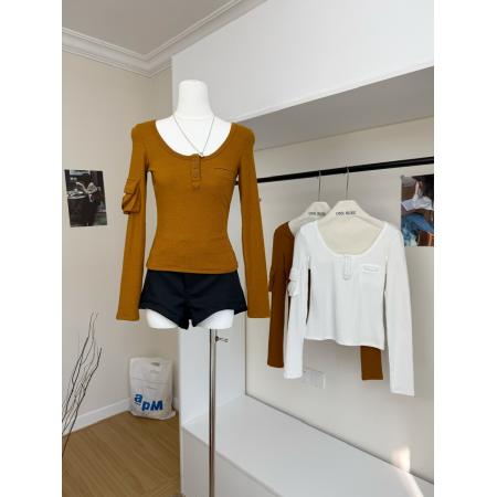 FA46987# 宁司U领贴袋内搭正肩长袖T恤女秋冬韩系休闲设计感修身打底上衣 服裝批發女裝批發服飾貨源