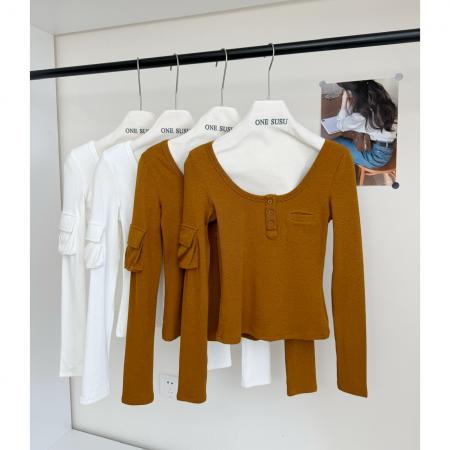 FA46987# 宁司U领贴袋内搭正肩长袖T恤女秋冬韩系休闲设计感修身打底上衣 服裝批發女裝批發服飾貨源