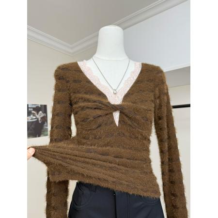 FA46988# 红人馆内搭打底衫女新款秋冬高级感长袖t恤蕾丝v领假两件上衣 服裝批發女裝批發服飾貨源